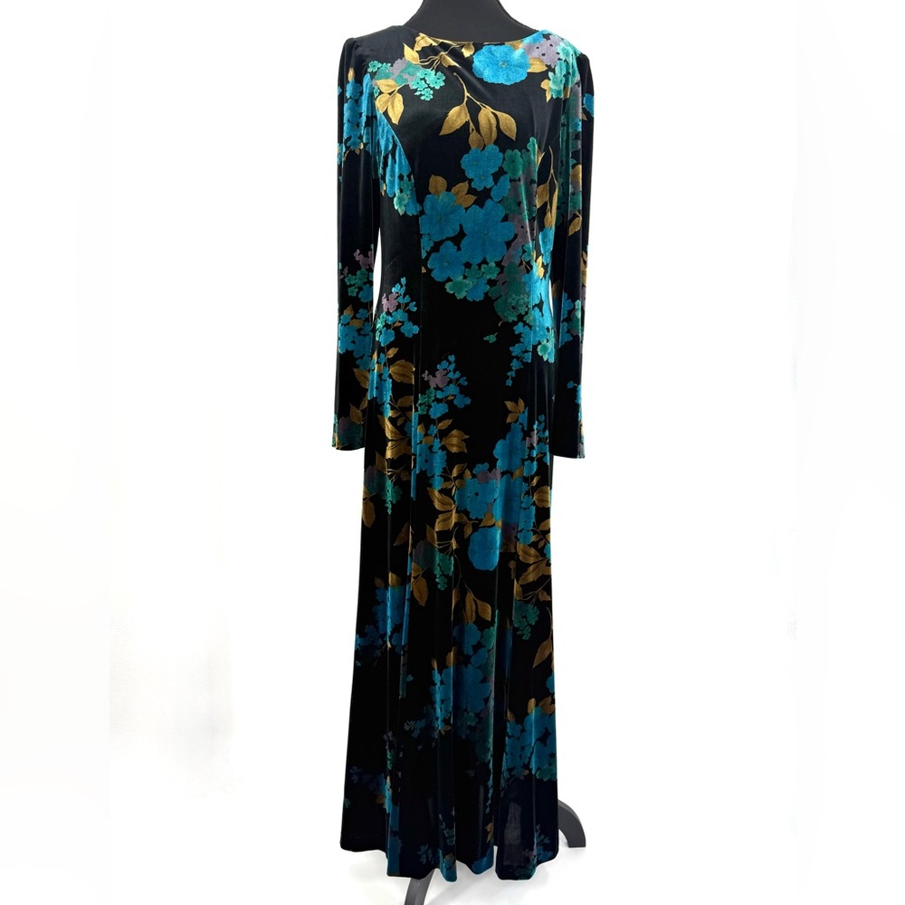 David Warren Vintage Velvet Floral Pattern Maxi Dress, Black Blue Gold, Size M - Picture 7 of 9